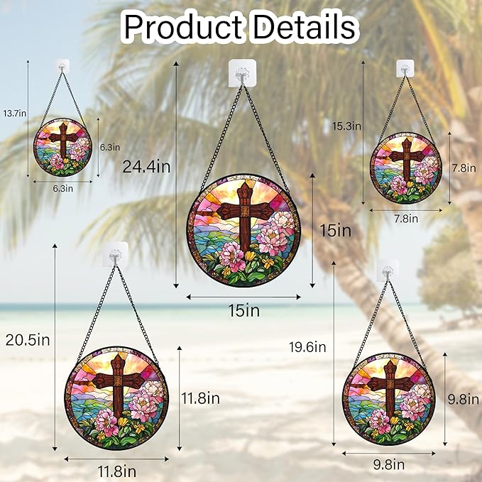 Christian Gifts for Women - Cross Stained Glass Window Hanging Jesus Easter Pink Flower Peony Sun Catcher Garden Religion Decor Mother's Day Catholic Gift for Men Grandma Mom Her Nana 6.3"