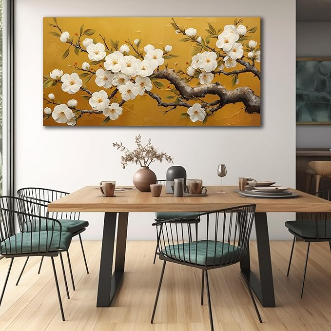 Plum Blossom Prints Wall Art for Living Room Yellow and White Wall Decor for Bedroom Big Canvas Wall Art for Office Size 29 x 58 Inch