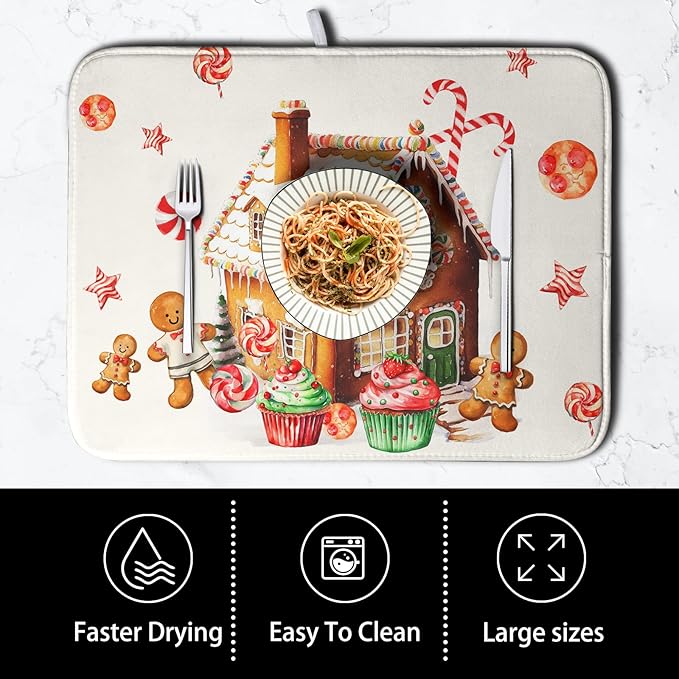 Christmas Gingerbread Man Drying Mat for Kitchen Counter Winter Cute Gingerbread House Candy Cane Cookies Dish Drying Mats Xmas Holiday Dish Drainer Mats Absorbent Reversible Drying Pad 18x24 Inch