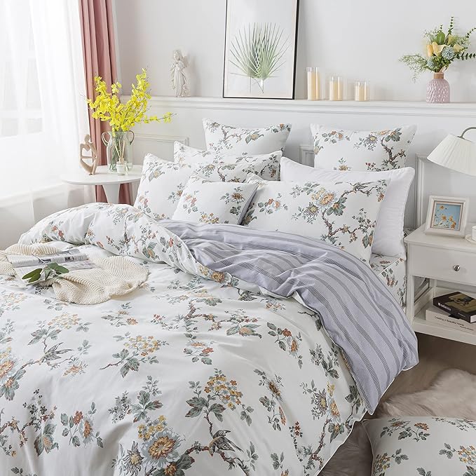 FADFAY Duvet Cover Set Full Elegant Floral Bedding Shabby Beige Bird Print Flower Quilt Cover Set Vintage Farmhouse Bedding 100% Cotton Soft Comforter Cover Set with Zipper Closure 3Pcs, Full Size