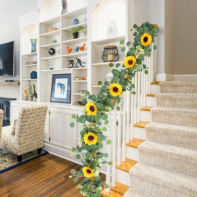 SOMYTING Artificial Sunflower Garland, 2 Packs 6ft Silk Sunflowers Vines Hanging Flowers Garland with Green Leaves for Party Baby Shower Birthday Wedding Room Decor