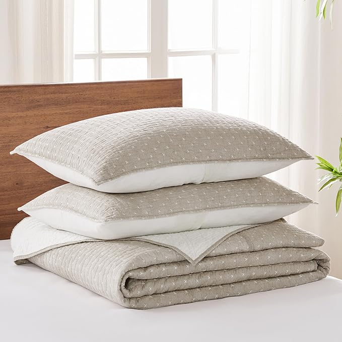 Levtex Home Cross Stitch Reversible Queen Bedspread Set (104x106in) with 2 Pillow Shams (26x20in) - Stitch Texture - Taupe - Cotton Queen Size Bedspread Set - Lightweight, Soft, Pre-Washed