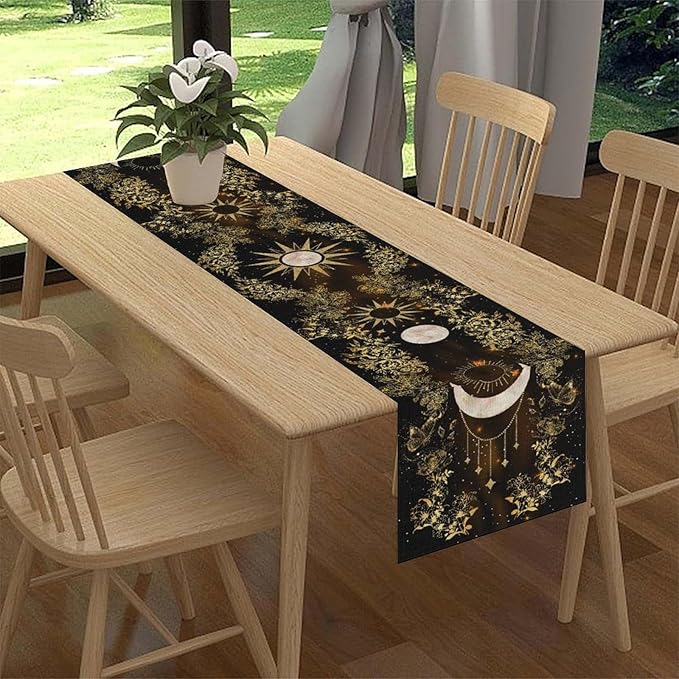 Boho Floral Table Runner, Spring Gothic Moon Phase Wildflower Mystical Witchy Farmhouse Coffee Table Center Decor for Home Kitchen Dining Patio Holiday Party Table Decorations 13x90 inches