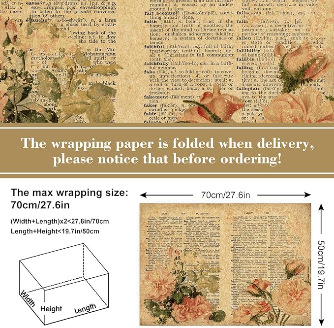 12 Sheet Vintage Floral Wrapping Paper Retro Newspaper Kraft Gift Wrap Bulk Folded Flat Rose Flower Craft Art Paper for Party DIY Wrapping Supplies, 19.7 x 27.6 Inch