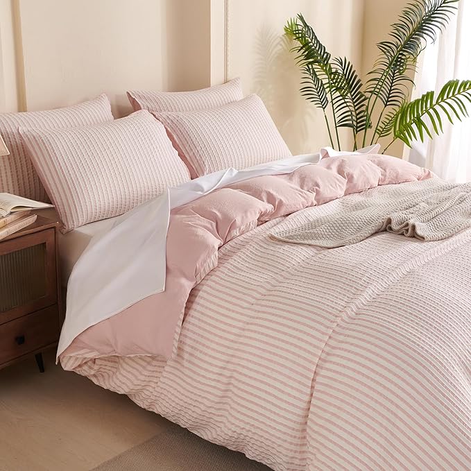 Striped Duvet Cover Set King Pink Washed Microfiber Jacquard 3 Pieces Bedding Set, White Pink Vertical Ticking Stripes Pattern Comforter Cover with Zipper Closure Breathable Durable Soft Comfy