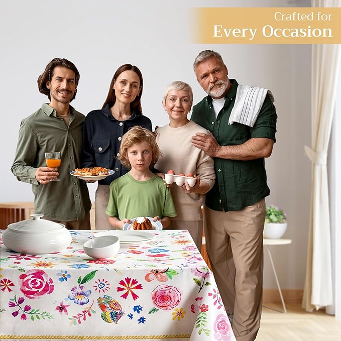 Maison d' Hermine Table Cloth Square Table 100% Cotton 60 x 60 Inches Tablecloth Reusable Decorative for Dining Room, Farmhouse, Home, Party, Festive & Wedding Spring Summer - Happy Florals - Sweety