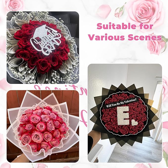 Cftone 4 Yards Pearl Edge Flower Wrapping Mesh Paper with 3/5 inch Organza Ribbon 50 Yard Gift Wrap Ribbon, Bouquet Transparent Mesh Wrapping Paper for Mother's Day Valentine's Day Wedding Graduation Birthday Gift (Red with 50 Yard Wine Red Ribbon)