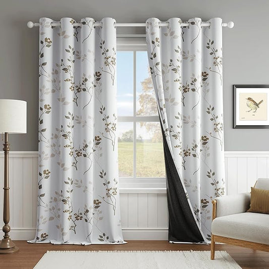 Beauoop Floral 100% Blackout Curtains 108 Inches Long 2 Panels for Bedroom Living Room Tan Brown and White Flower Patterned Room Darkening Thermal Soundproof Grommet Window Treatments Drapes, 52X108