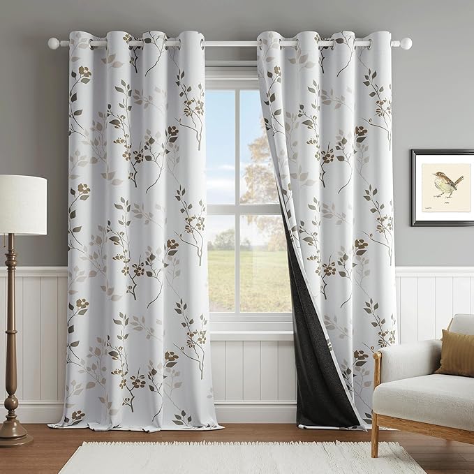 Beauoop Floral 100% Blackout Curtains 96 Inches Long 2 Panels for Bedroom Living Room Tan Brown and White Flower Patterned Room Darkening Thermal Soundproof Grommet Window Treatments Drapes, 52X96