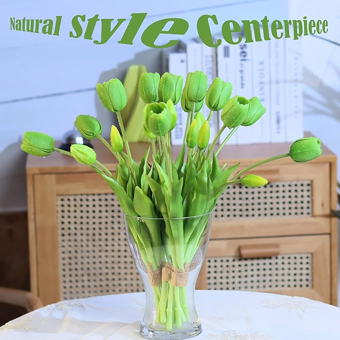 20pcs Artificial Tulip Flowers,16 Inch Real Touch Tulip Stems with Faux Leaves, Faux Tulips and Buds for Home Décor Centerpiece Ornament Wedding Bouquet,Green