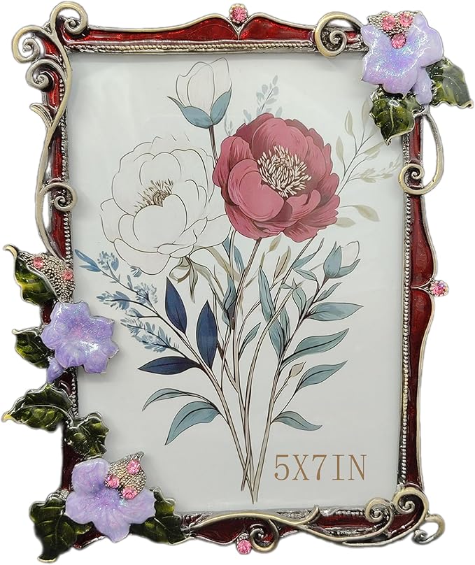 Vintage Floral Picture Frames Luxury Unique Ornate Antique Metal 5X7 Photo Frame of HD Glass for Tabletop/Wall Display Gifts for Women (Retro Purple Flowers with Red Edges)