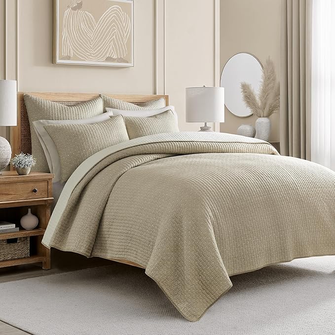 Levtex Home Cross Stitch Reversible Full/Queen Quilt Set (88x92in) with 2 Pillow Shams (26x20in) - Stitch Texture - Taupe - Cotton Full/Queen Size Quilt Bedding Set - Lightweight, Soft, Pre-Washed