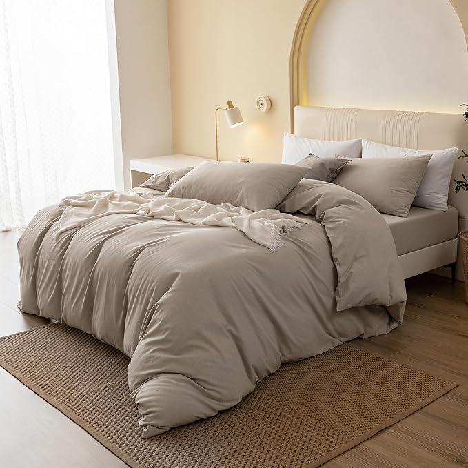 JIYUAN 100% Washed Cotton Duvet Cover Set Oversized King, 1 Duvet Cover 120"x98" (Comforter Not Included) and 2 Pillowcases,Linen Feel Bedding Set Comfy and Breathable, Heathered Tannish Linen Grey