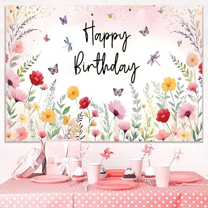 7x5ft Pink Floral Decoration Backdrop for Women Girl Birthday Party Spring Flower Bush Garden Theme Background Happy Birthday Photography Supplies Greenery Wildflower Banner
