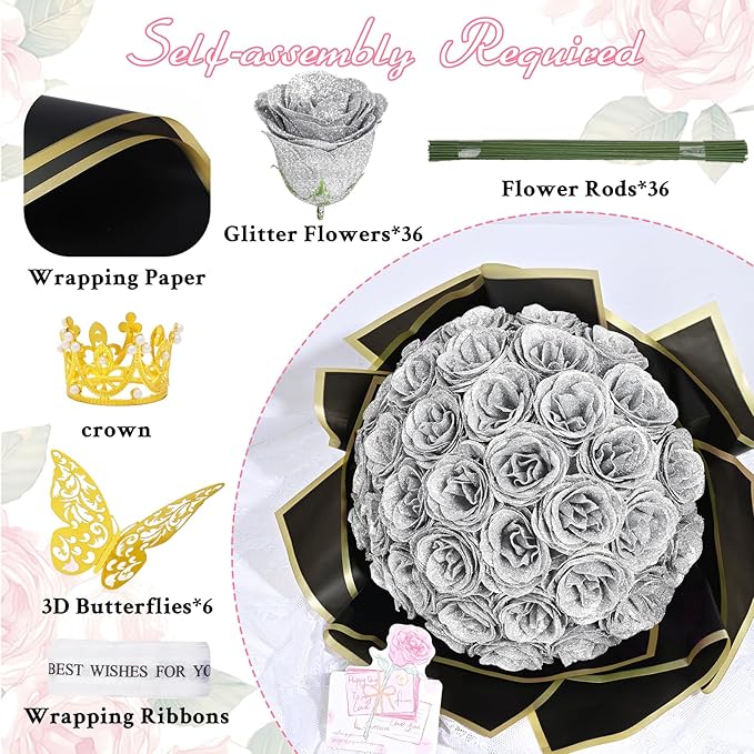 Waipfaru Glitter Roses Bouquet, DIY Fake Flowers Bouquet, Birthday Gifts for Women Mom, 36 Pcs Silver Rose for Grandma Wife Girlfriend Valentines, Mothers Day, Anniversary, Graduation