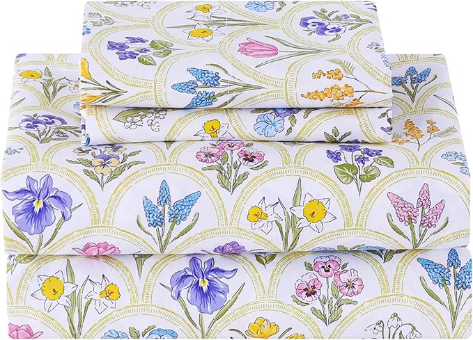 Softan Floral Twin Sheet Set, 3-Piece Microfiber Printed Fitted Sheet with 15" Deep Pockets & Non-Slip Straps, Multi Flower Patterned Single Bedding Sheets & Pillowcase Set