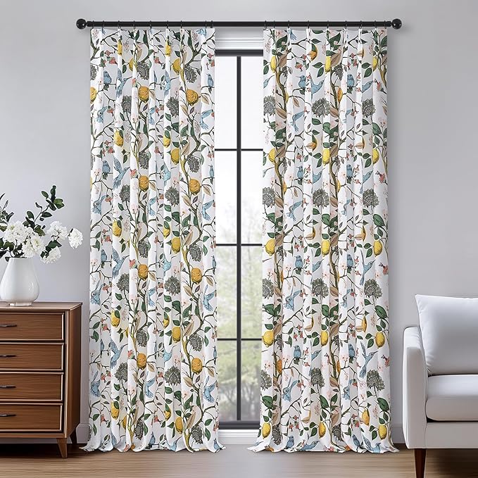 Blue White Vintage Floral Curtains 84 Inches Long for Living Room Bedroom Luxury Whimsical Lemon Hummingbird Patterned Waverly Mid Century Colorful Pinch Pleated Blackout Drapes 2 Panels
