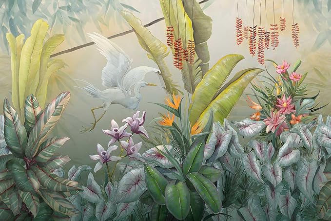 Hand-Painted Colorful Leaves Wall Mural, White Cranes Playful Leaves Wallpaper, Wall Decorations（Non-self-Adhesive）