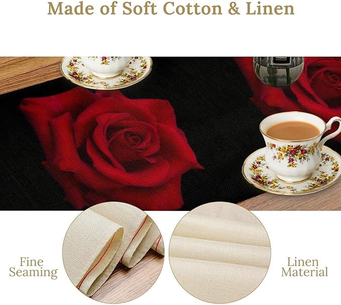 Red Rose Table Runner,Romantic Flower Black Table Runner for Indoor Outdoor Holiday Home Wedding Party 13x120 Inch