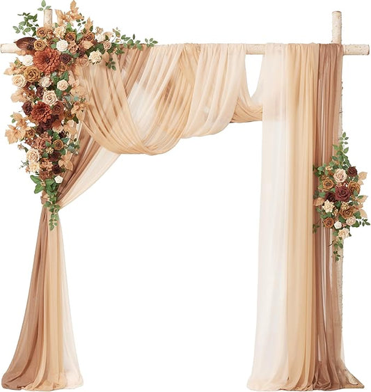 Ling's Moment Deluxe Wedding Arch Flowers with Sheer Drapes Kit - Artificial Walnut Brown Floral Arrangements for Ceremony Backdrop, Garden Arbor Decor, 5-Piece Set (2 Flower Stems + 3 Hanging Drapes)
