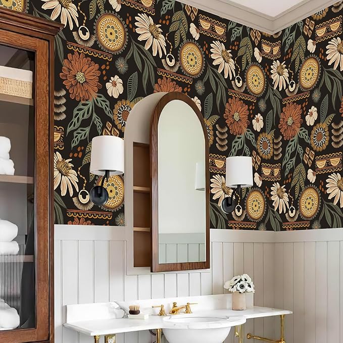 JiffDiff Boho Peel and Stick Wallpaper Vintage Floral Wall Paper Removable Sun Flower Contact Paper Bathroom Bedroom Renter Friendly Wall Mural 17.3" x 800"