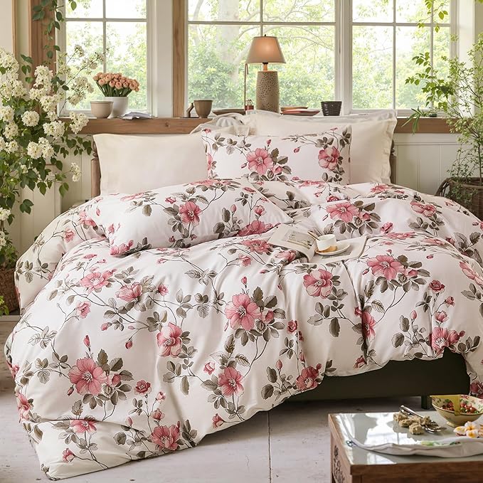 Bedding_Dreamer Floral Comforter Set 100% Cotton Comforter Sets Queen 3pcs Vintage Boho Floral Bedding Ultra Fluffy Soft Reversible Lightweight All Seasons Bedding Set Cottagecore Botanical Comforters