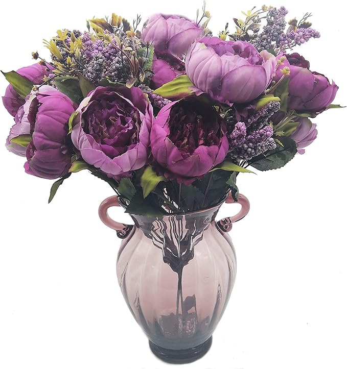 1pcs Artificial Peony Bouquet,19 Inch Silk Peony Bunch with 7 Faux Flowers,Classical Style Artificial Flowers with Leaves and Ornaments for Wedding,Home Décor Centerpieces(Purple)