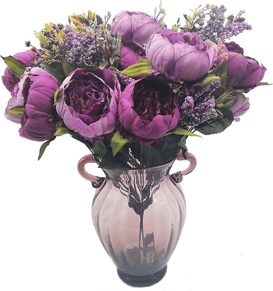 2pcs Artificial Peony Bouquets,19 Inch Silk Peony Bunch with 7 Faux Flowers,Classical Style Artificial Flowers with Leaves and Ornaments for Wedding,Home Décor Centerpieces(Purple)