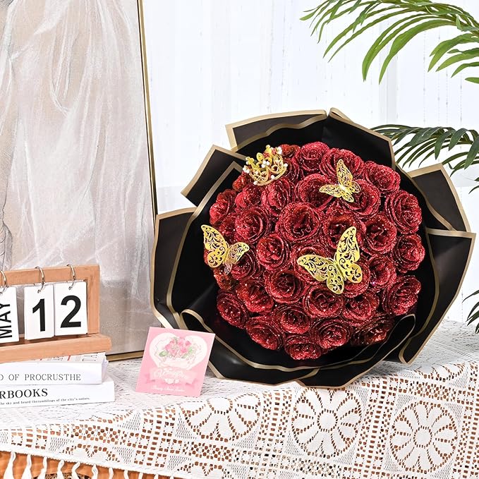 Waipfaru Glitter Roses Bouquet, DIY Fake Flowers Bouquet, Birthday Gifts for Women Mom, 24 Pcs Red Rose for Grandma Wife Girlfriend Valentines, Mothers Day, Anniversary, Graduation