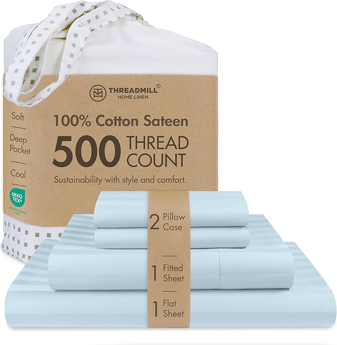 Threadmill 500 Thread Count Queen Size Damask Stripe, 4 Pc Luxury Cotton Bedding Set, Silky Smooth Light Blue Sheets with 16" Elasticized Deep Pocket, 2 Pillowcases & Free Tote Bag
