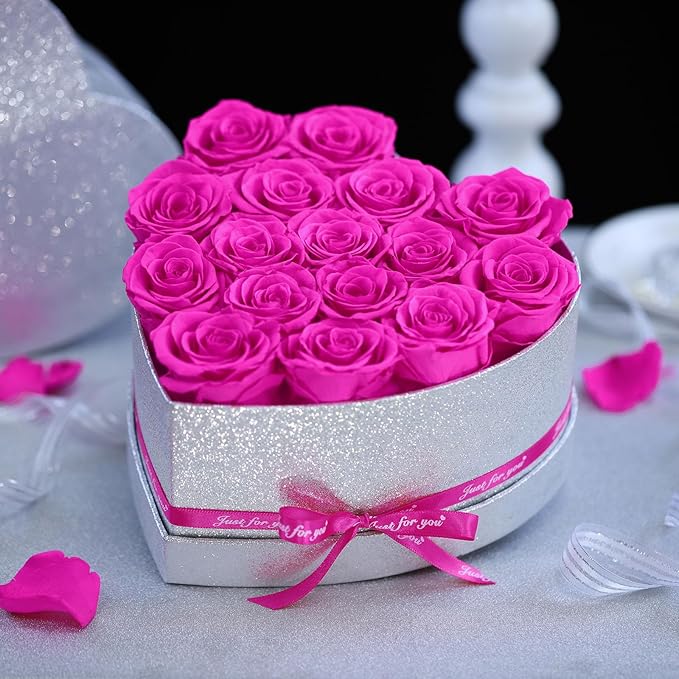 Flowers for Delivery, 16 Hot Pink Preserved Rose in Heart Shaped Box, Real Forever Roses Birthday Anniversary Valentines Day Mothers Day Flowers Gifts for Women Mom.Wife Her