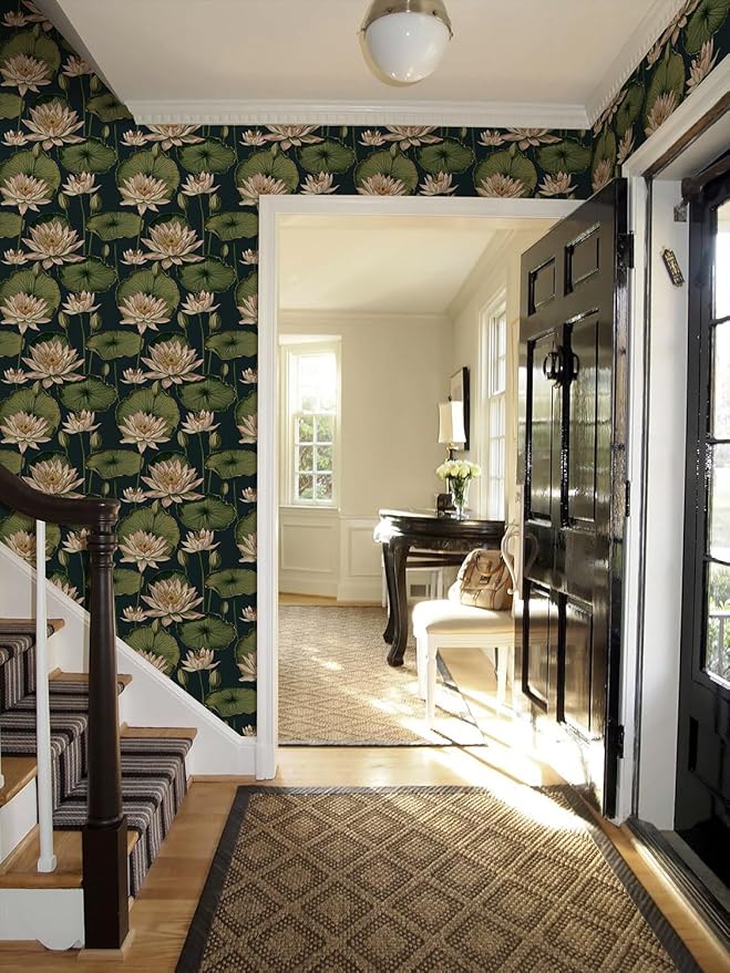 Orainege Vintage Floral Peel and Stick Wallpaper Floral Contact Paper 16.9"x393.7" Lotus Leaf Wallpaper Peel and Stick Self Adhesive Wall Paper for Bedroom Bathroom Covering Wall Decorative