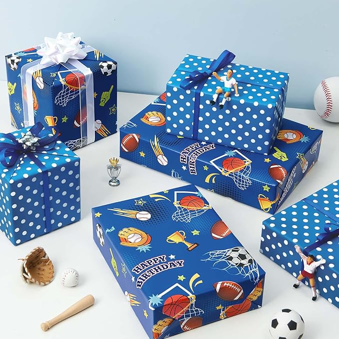 WERNNSAI Sport Ball Wrapping Paper Roll - 1 Roll 17” x 16.4 ft Happy Birthday Wrapping Paper for Kids Boys Blue Sports Gift Wrap with Football Basketball Design for Birthday Baby Shower Party Favor
