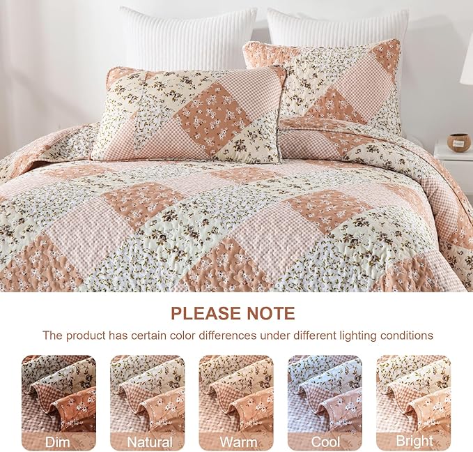 Dinjoy Floral Plaid Patchwork Quilt Set King Size, Reversible Pink Bedding Set Soft Microfiber Lightweight Bedspread Coverlet 3 Piece Fall Autumn Summer Use (110x90 inches)
