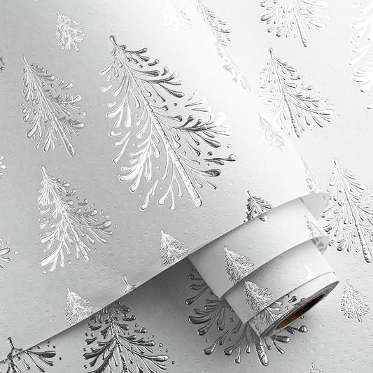 Flyhill Kraft Christmas Wrapping Paper,Silver Gold 3D Embossed Foil Christmas Tree with Woodlands Wrap Paper for Holiday, Party,Celebration, New Year (17 Inch X 32.8 Feet)