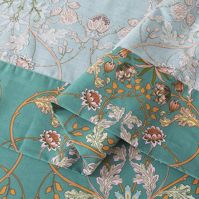 Zusbest Teal Floral Sheets Boho Queen Bed Sheets Set 100% Cotton Percale Shabby Vintage Blue Orange American Style Bedding Luxury Soft Breathable Crisp Bed Deep Pocket Fitted Sheet 4 Piece