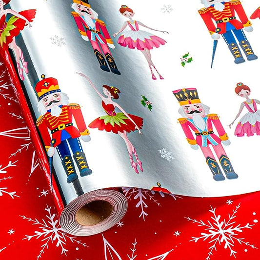 MAYPLUSS Christmas Nutcracker Wrapping Paper - 17 Inch X 33 Feet - Metallic Christmas Gift Wrapping Paper Featuring Holly Cute Ballet Girl Reversible Snowflakes for Holiday Party New Year Kids