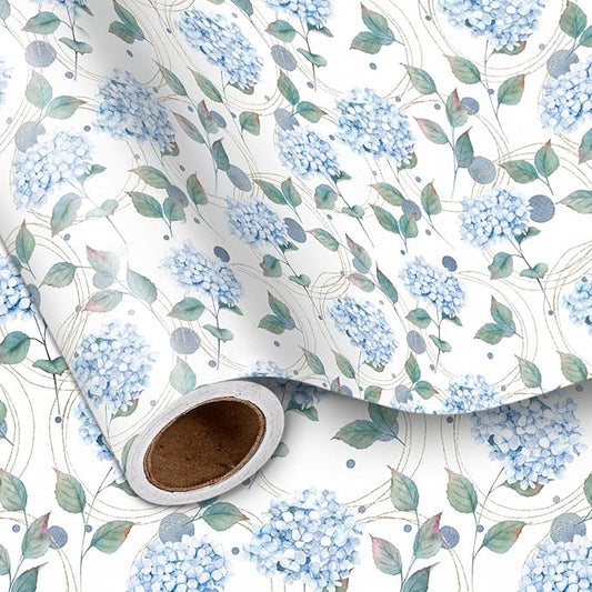 LeZakaa Blue Hydrangea Wrapping Paper Roll, Hydrangea Flowers Party Gift Wrap for Wedding, Bridal Shower, Baby Shower, Anniversary, Mother's Day, Birthday, DIY Bouquet, Mini Roll, 17 inches x 16.4Feet