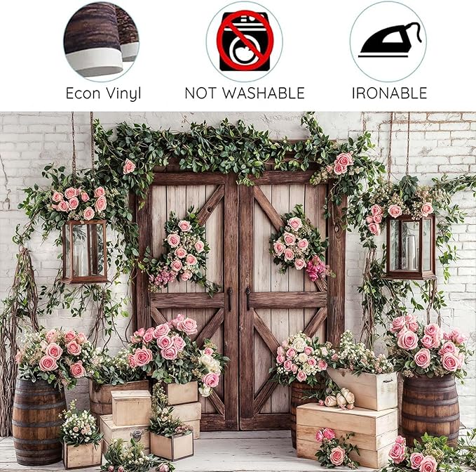 15x10ft Country Wedding Photography Backdrop Floral Rustic Roses Farmhouse Wooden Door Backdrop Pink Flower Birthday Baby Shower Wedding Bridal Party Banner Photo Booth Props Anniversary Background