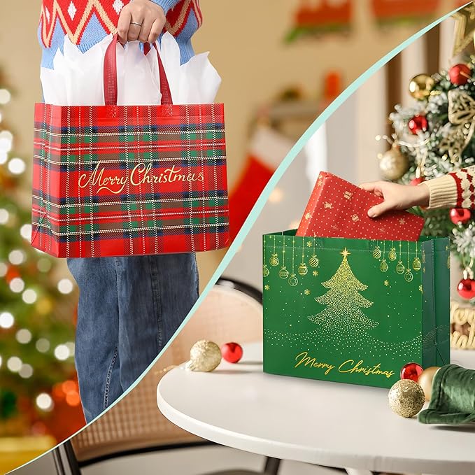 YANGTE 2 Pack 13" Large Christmas Gift Bags with Tissue Paper, Reusable Non-Woven Christmas Bag with Handles for Holiday Presents Wrapping, Holiday Tote Bags for Gifts Wrapping Xmas Party Favors
