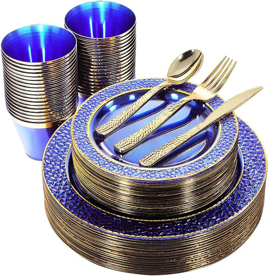 Nervure 150PCS Clear Blue Plastic Plates - Gold Party Plates - Blue and Gold Dinnerware Set Include: 50 Disposable Plate, 25Cups, 25Forks, 25Knives, 25Spoons for Wedding & Party & Father's Day
