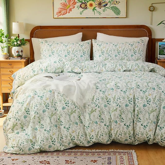 100% Cotton Duvet Cover Sets Queen Size Reversible Green Garden Bedding Sets Duvet Cover Super Soft Comforter Cover with Zipper Closure, Lightweight, Breathable