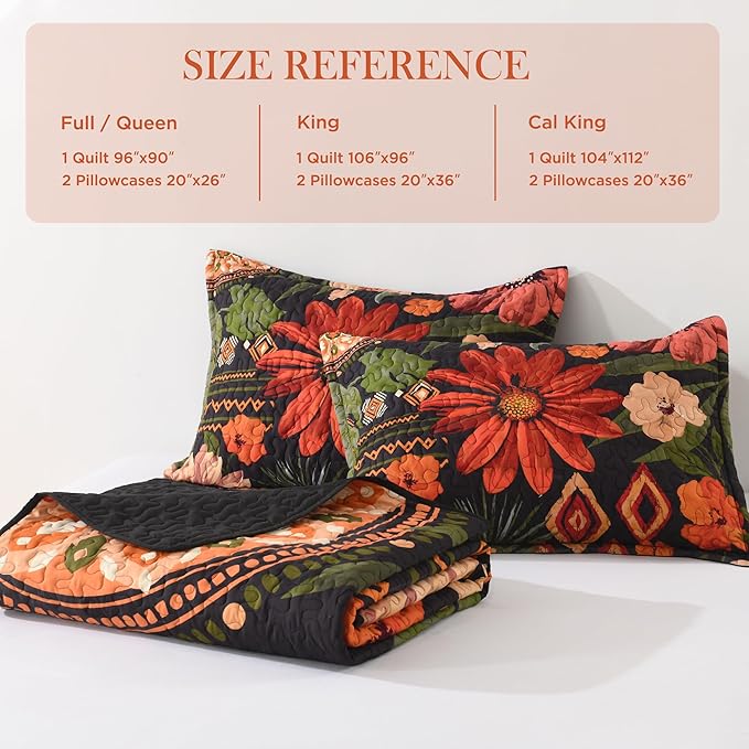 Andency Floral Boho California King Quilt Bedding Set Black, 3 Pieces Farmhouse Flower Botanical Summer Oversized King Bedspreads, Soft Reversible Lightweight Microfiber Coverlet Set, 104"x112"