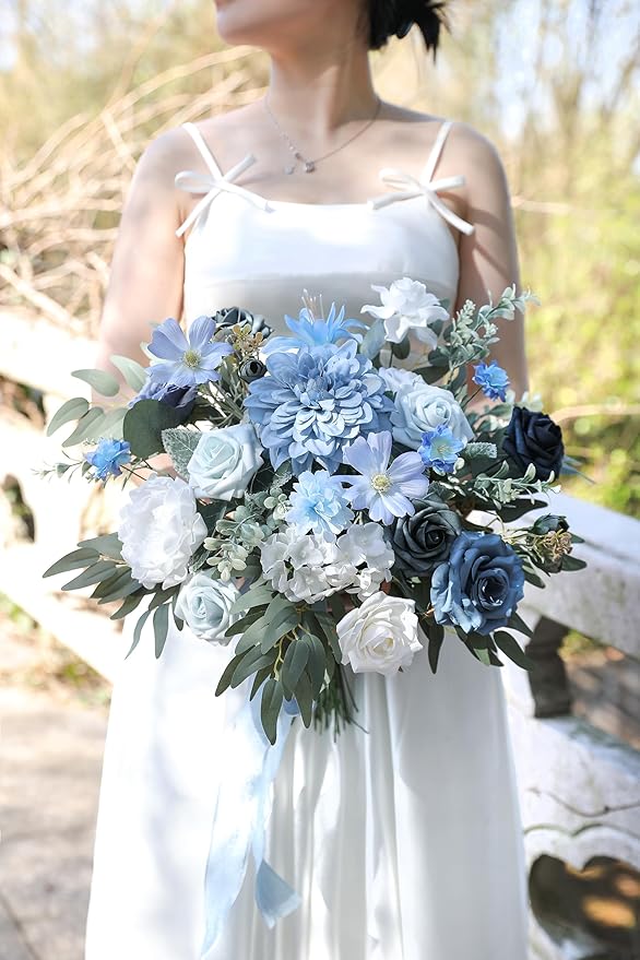 Blue Artificial Flowers Combo Set Fake Flower Leaf Box with Stemst for DIY Wedding Bridal Bouquet, Centerpieces, Home Decor, Floral Arrangement Decor(Blue)