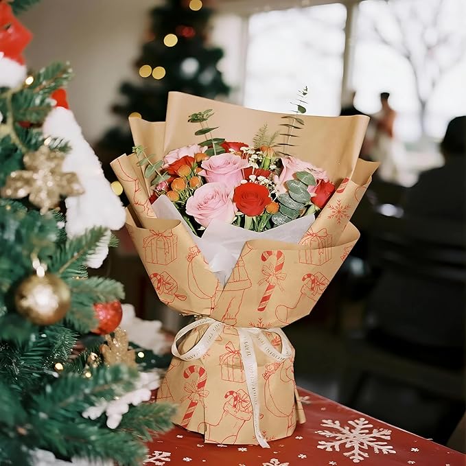 LeZakaa 20 Sheets Kraft Christmas Flower Wrapping Paper, Red Santa Sketch on Kraft Floral Bouquet Paper Gift Wrap for Christmas, Winter Holiday Party Packaging