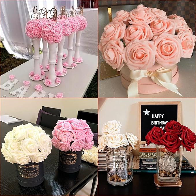 60Pcs Artificial Rose Flowers, Real Looking Fake Roses for Decorations, Foam Rose Bulk with Stems for DIY Wedding Bouquets Floral Arrangements Bridal Shower Party Home Decor (60, Pink)