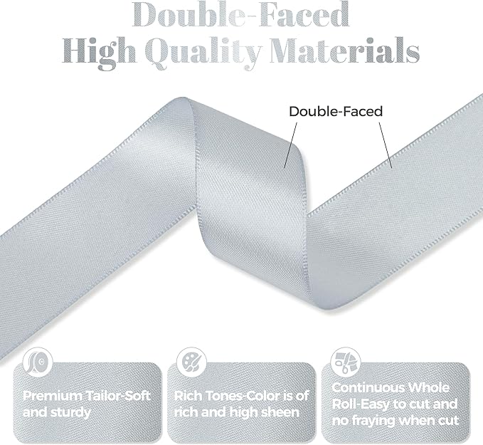 Silver Gray Satin Ribbon, Double Faced 1 Inch X 50 Yards Silver Gray Ribbon, Premium Satin Ribbon for Gift Wrapping, Crafts, Hair Bow Making, Sewing, Flower Bouquet, Wedding Party Decor
