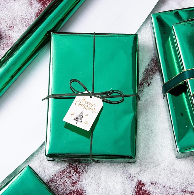 Merture Metallic Dark Green Wrapping Paper Roll - 17 In X 32.8 Ft(46.5 sq.ft.) with Grid Cutting Lines