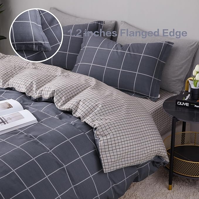 SAPHREAS Boy Gray Plaid Duvet Cover Set Twin Size 2pcs Dark Grey Grid Bedding Comforter Cover Set 1 Duvet Cover 1 Pillow Sham