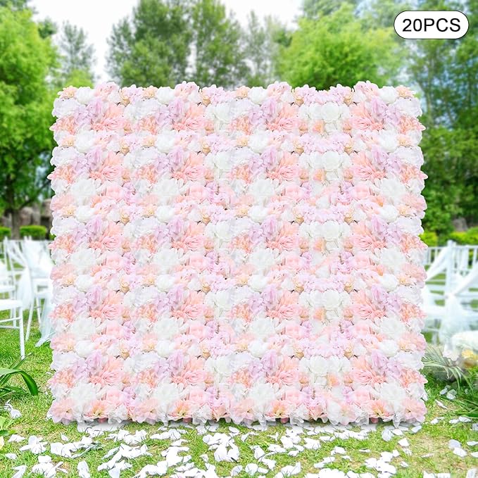 20PCS Artificial Flower Panels, Pink Silk Wedding Flower Panels Banquet Flowers Board, Flower Backdrop Wall for Photo Party Wedding Background Decor